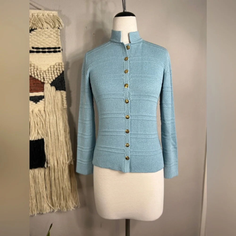 Vintage St John Knits sky blue cardigan with gold colored hammered buttons - Picture 1 of 6